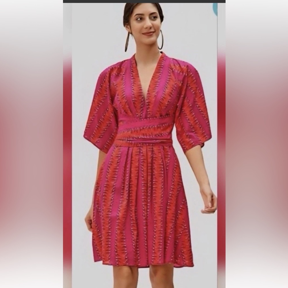 V-Neck Short Sleeve Pink Stripe A-Line Dress